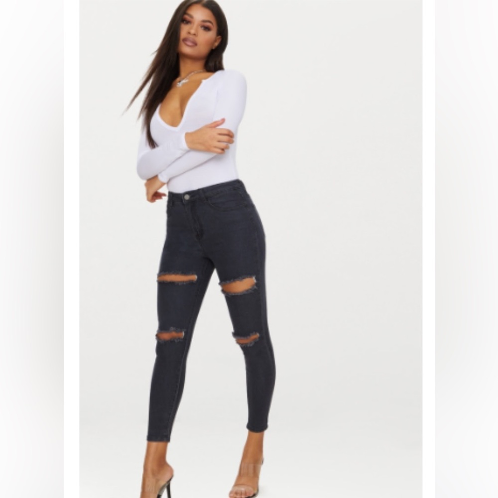 Pretty Little Things Washed Black Double Rip High Waisted 5 Pocket Skinny Jeans